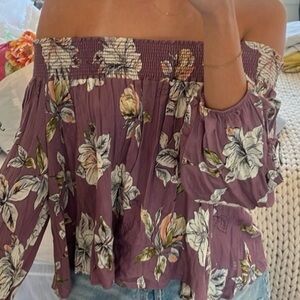 Astr Mauve Off-Shoulder Floral Smocked Top